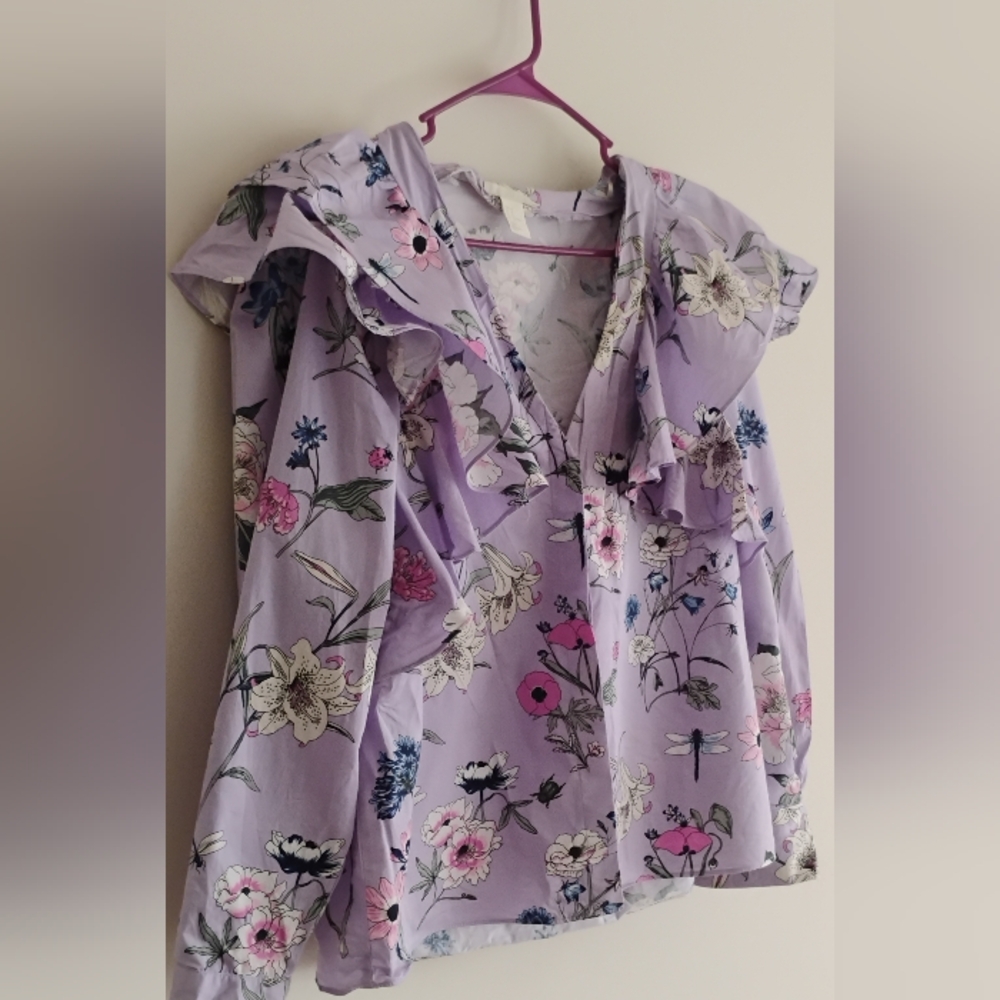 H&M Purple Lilac Pink Floral Bird Botanical Ruffle Balloon Sleeve Top SIZE 14 XL - Picture 5 of 13